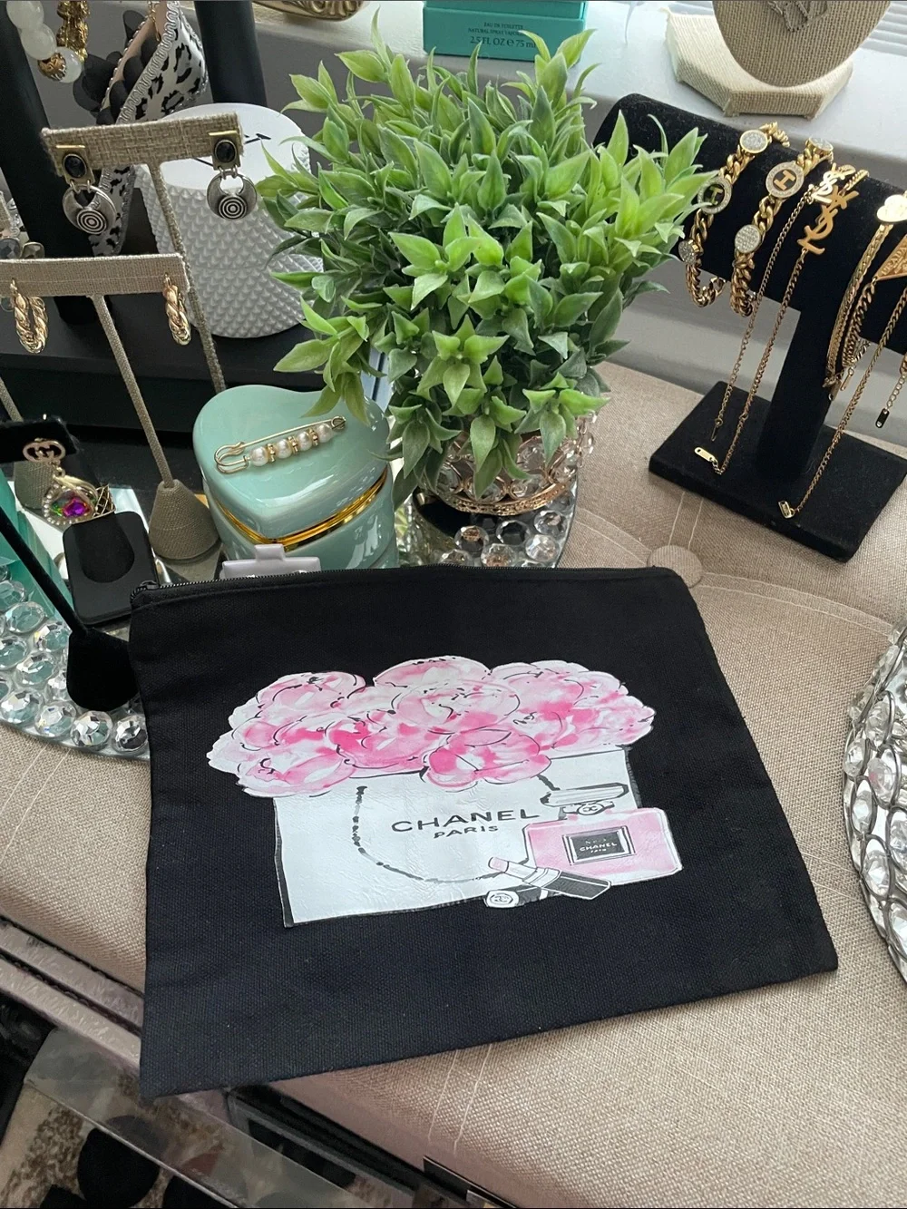 ✨💕Pink Floral Black Canvas Cosmetic Pouch with Floral and Perfume Print💕✨